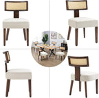 Rattan Dining Chairs Set of 2, Farmhouse Kitchen Chair with Cane Back & Wood Frame in Walnut Finish, Beige Linen Upholstered