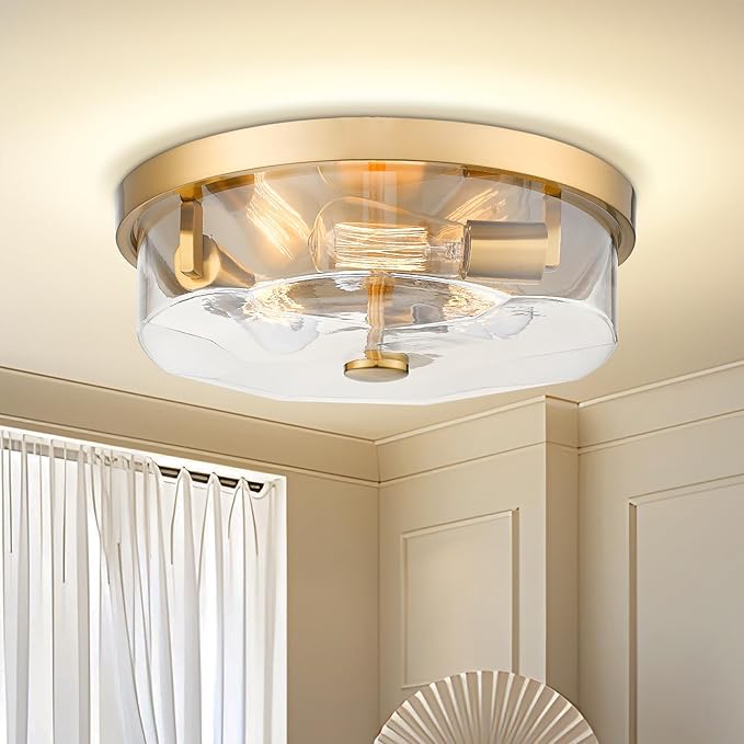 Gold Flush Mount Ceiling Light, 3-Light Hallway Light Fixtures, Modern Farmhouse Farmhouse Ceiling Light Clear Glass Brushed Gold Finish for Kitchen Porch Entryway