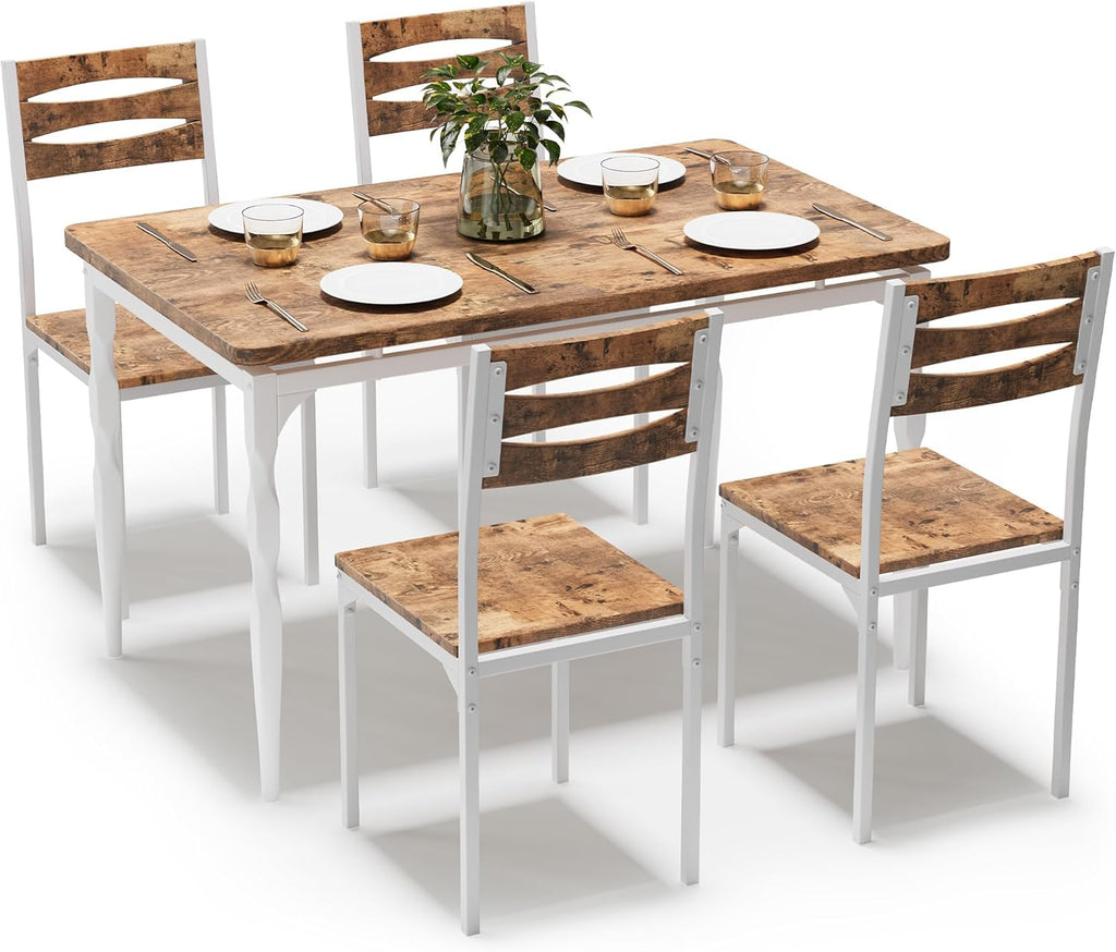 GarveeHome 5 Piece Dining Table Set, Industrial Style Dining Table and Chairs Set for 4, Kitchen Table Set for Dining Room Kitchen Apartment, White Brown