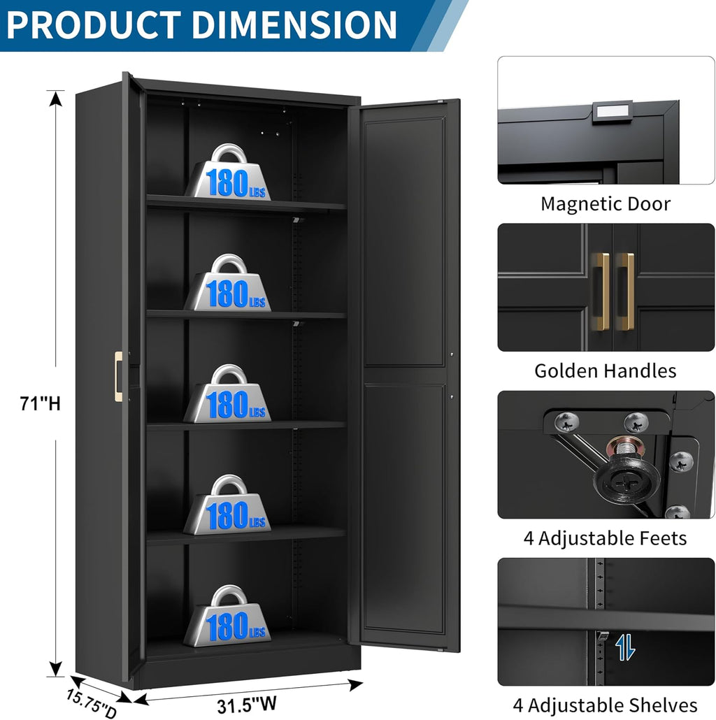 71" Black Metal Storage Cabinet with Doors, Heavy Duty | Freestanding Cupboard Kitchen Pantry Cabinet, 4 Adjustable Shelves, Gold Handles, Anti-Tip Tall Cupboard for Home and Garage