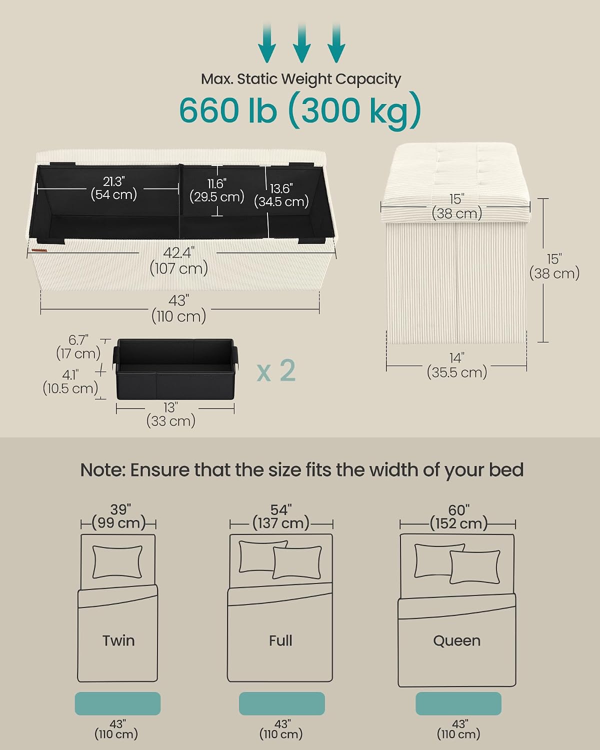 SONGMICS Ottoman Storage Bench, 43 Inch Foldable Foot Rest | Corduroy, for Entryway, Living Room, Bedroom, Cream White, MINOTA Collection ULSF604W01