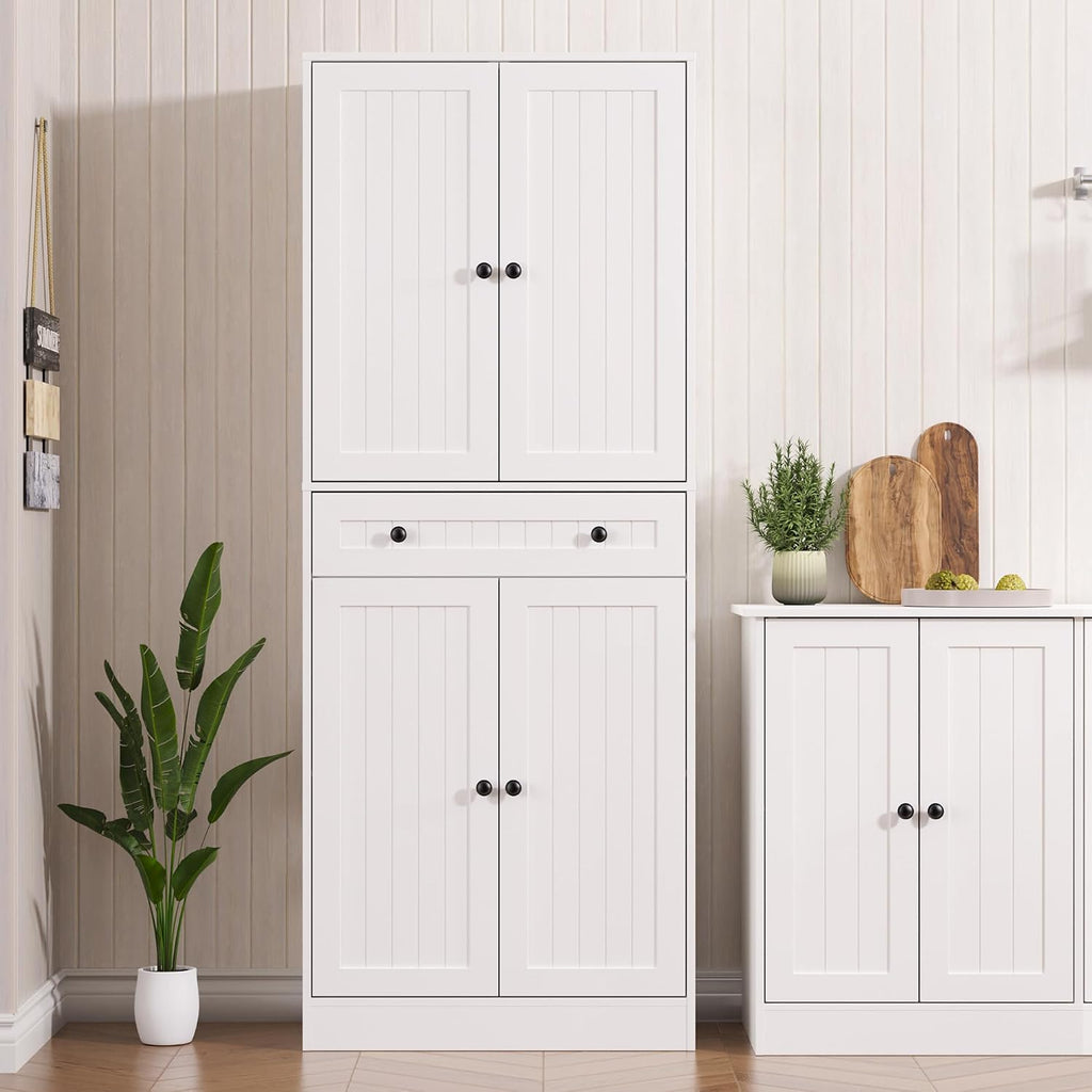 Furnify 71" Tall Kitchen Pantry Storage Cabinet with Doors & Drawer, White | Farmhouse Freestanding Cupboard with Adjustable Shelves, Rustic Wood Pantry for Dining Room Living Room