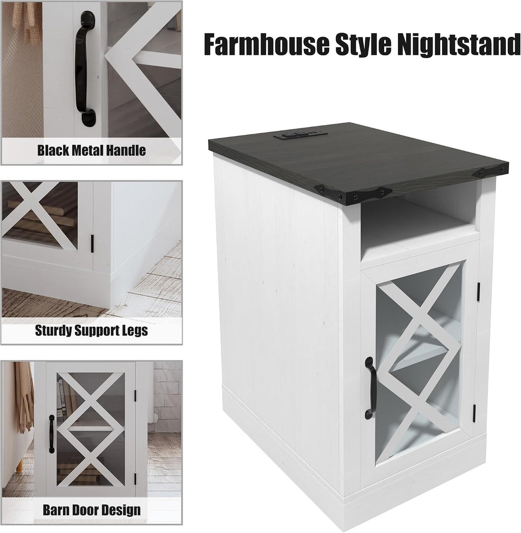 Clihome End Table with Charging Station, 15.4'' Rustic Nightstand with Barn Door & Adjustable Shelf, Wooden Sofa Side Table with 3-Tier Storage for Living Room, Bedroom, White