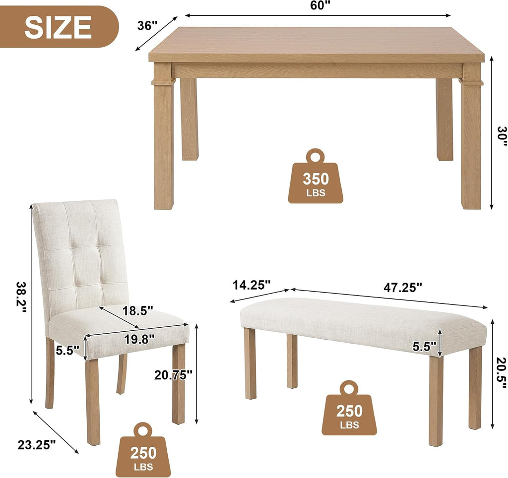 Merax 6-Piece Dining Set, Rectangle Kitchen Table with 4 Upholstered Chairs & Bench, Ideal for Dining Room and Living Room, Natural
