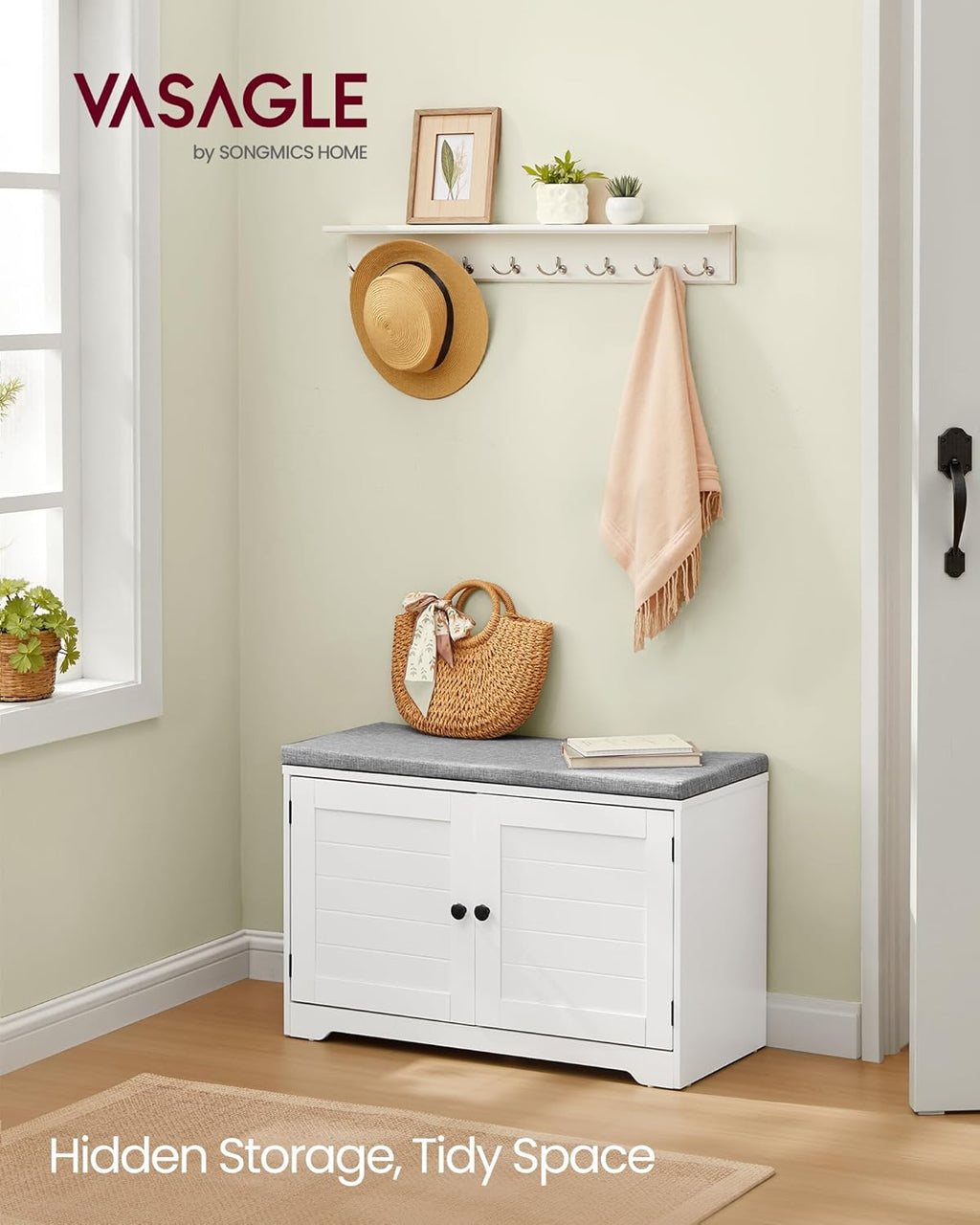 VASAGLE 3-Tier Shoe Storage Bench with Cushion, 14 x 31.9 x 20.7 Inches | Doors, Adjustable Shelves, for Hallway, Bedroom, Cloud White and Dove Gray, SOFIE Collection ULSB034W01