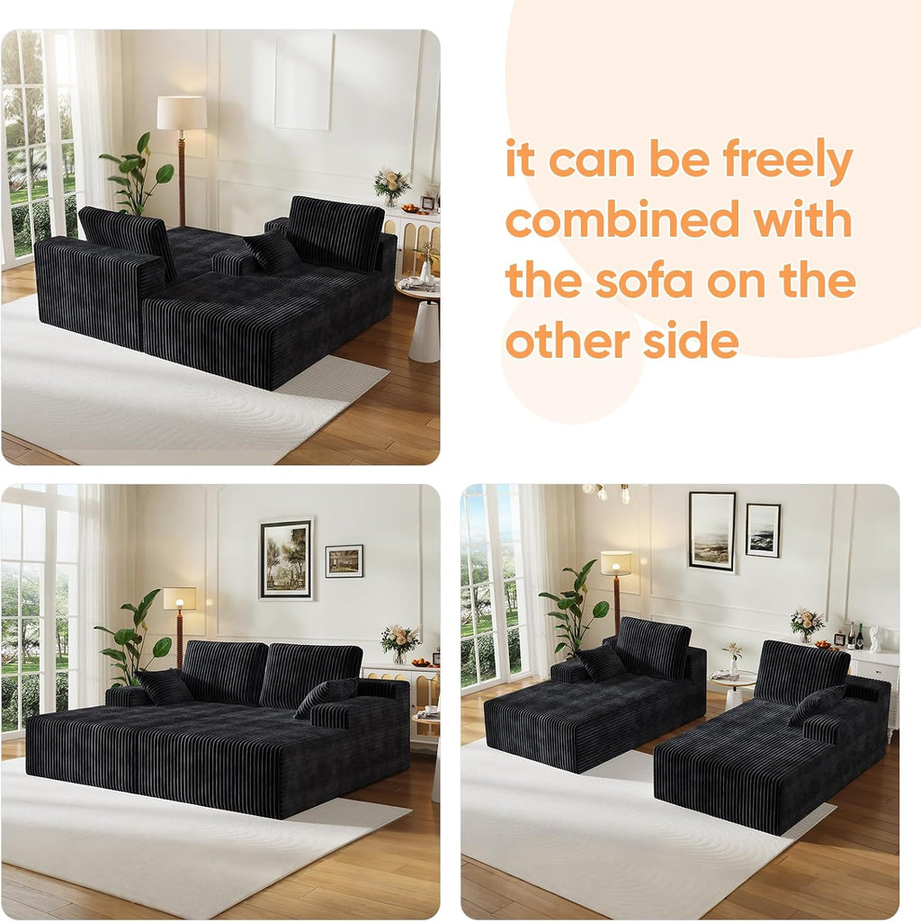 67" Sofa Bed, Chaise Lounge Chair, Plush Corduroy Upholstered Sofa Couch Bed with Pillows, Lazy Chair for Living Room Bedroom Guest Room (Black, Left Facing Chaise)