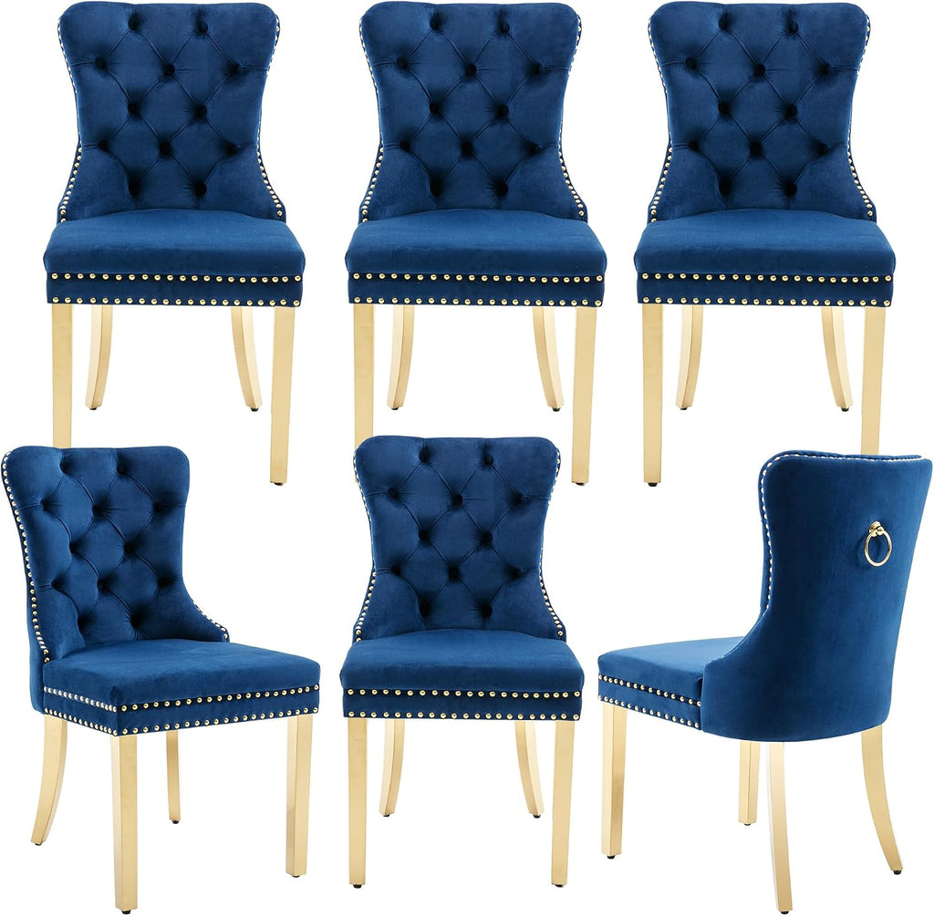 civama Dining Room Chairs Set of 6, Velvet Nikki Collection Dining Chair Upholstered Modern Tufted Kitchen Chair with Nailhead Back Pull Ring Golden Steel Legs, Blue