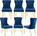 civama Dining Room Chairs Set of 6, Velvet Nikki Collection Dining Chair Upholstered Modern Tufted Kitchen Chair with Nailhead Back Pull Ring Golden Steel Legs, Blue