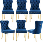 civama Dining Room Chairs Set of 6, Velvet Nikki Collection Dining Chair Upholstered Modern Tufted Kitchen Chair with Nailhead Back Pull Ring Golden Steel Legs, Blue