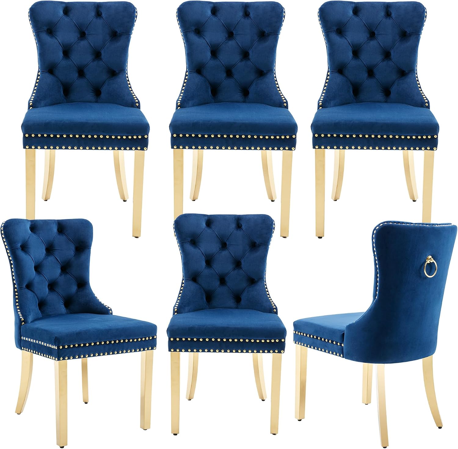 civama Dining Room Chairs Set of 6, Velvet Nikki Collection Dining Chair Upholstered Modern Tufted Kitchen Chair with Nailhead Back Pull Ring Golden Steel Legs, Blue