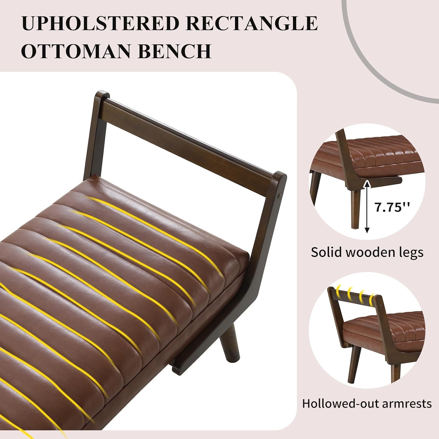 52" Rectangle Ottoman Bench, PU Leather Upholstered Dining Table Bench with Tufted Design, Mid Century Entryway Shoe Bench with Walnut Stain Finish, Long Footstool for Bedroom (Cognac)