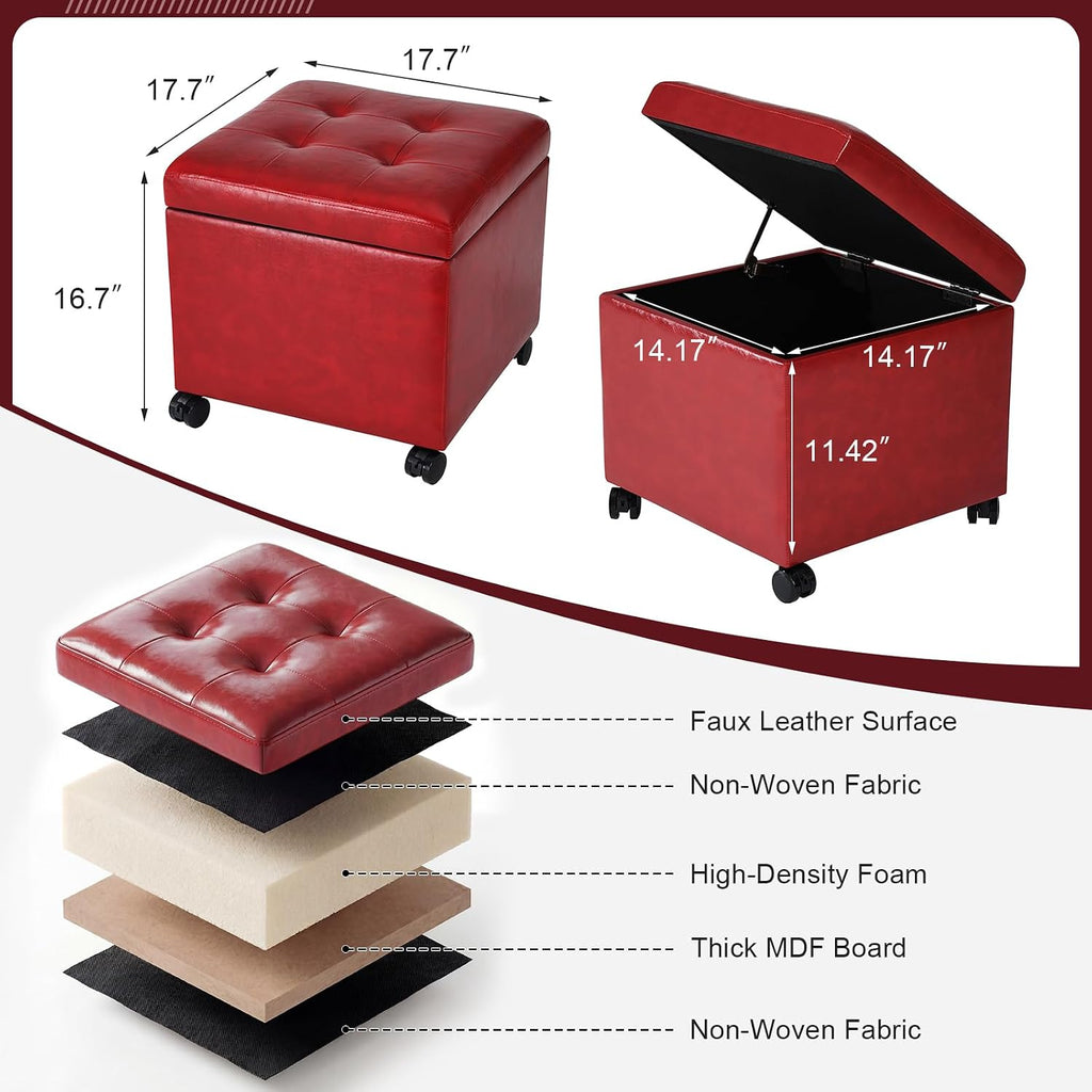 Homebeez Storage Ottoman with Rolling Wheels, PU Leather Tufted Cube Footrest with Casters, 17.7" Square Tufted Distressed Ottomans for Living Room,Bedroom, 300lb Capacity