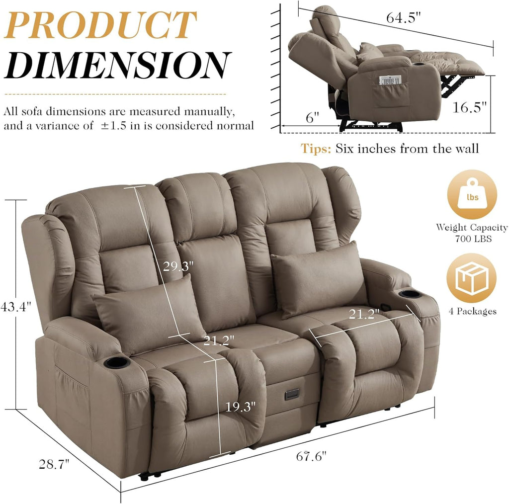 Loveseat Recliner Sofa,RV Wall Hugger Recliners for Small Spaces,Reclining Loveseat Sofa Recliner with Cup Holders/Lumbar Pillows,RV Furniture (Khaki, Loveseat with Flip-up Console)