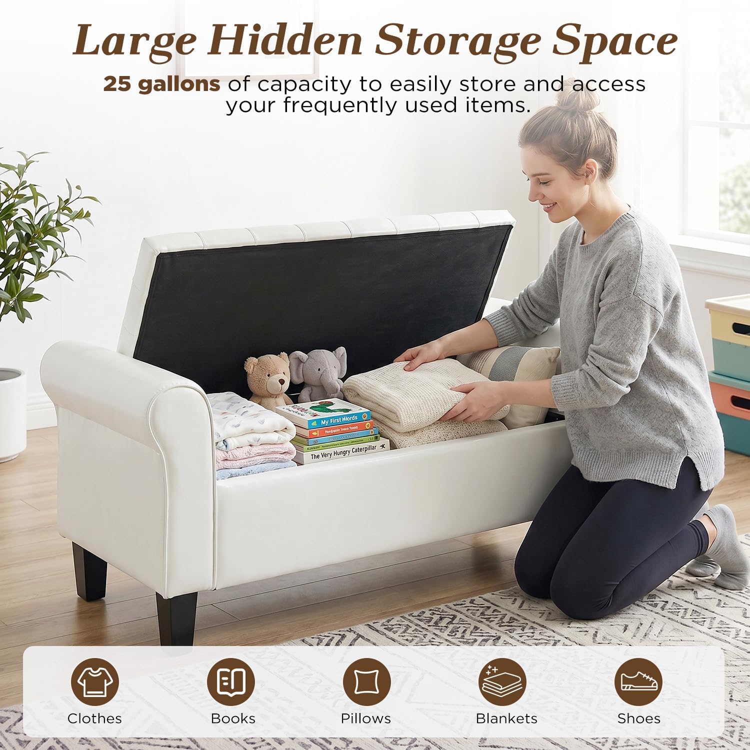 ECOTOUGE 55" Storage Ottoman Bench for Living Room, End of Bed Bench with Rolled Arm Leather Ottoman with Storage Upholstered Entryway Bench Retro Style Footboard Bench for Bedroom, Cream White