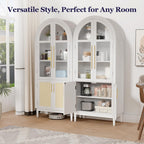 71" Tall Arched Cabinet with Glass Doors, Kitchen Pantry Storage Cabinet with Dust-Proof Rattan, 5-Tier Curio China Cabinet with Adjustable Shelves for Living Room Dining Room, White