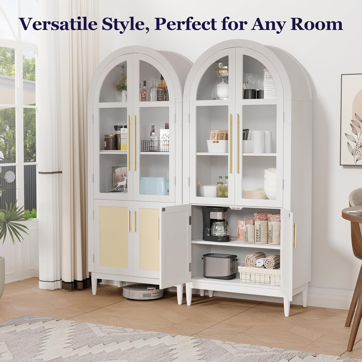 71" Tall Arched Cabinet with Glass Doors, Kitchen Pantry Storage Cabinet with Dust-Proof Rattan, 5-Tier Curio China Cabinet with Adjustable Shelves for Living Room Dining Room, White