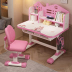 2-Piece Kids Adjustable Study Desk & Seat Set, Cartoon Print Widened Desktop with Storage Drawer Metal Frame for Homeschool Bedroom Playroom Pink