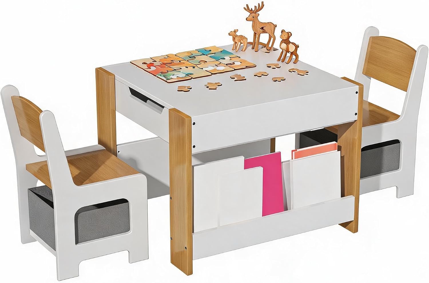 Kids 4‑in‑1 Wooden Table & 2 Chairs Set Brown | 4‑in‑1 double‑sided tabletop, multi‑storage, burr‑free wood, waterproof finish, for kids drawing reading craft activities