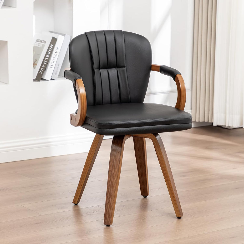 Swivel Dining Chairs Mid Century Modern Black Faux Leather Upholstered Kitchen Chairs with Bentwood Frame Armrests Side Chairs,Comfortable Ergonomic Wood Accent Chair No Wheels,1PCS