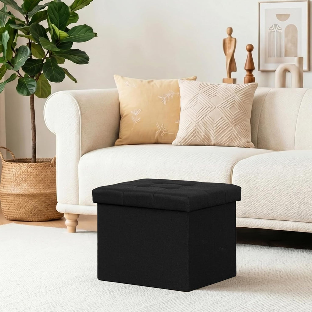 Folding Storage Ottoman, 16.5" Rectangular Footstool with Padded Tufted Lid, Collapsible Storage Footrest for Small Space, Living Room, Bedroom, Dorm, Black