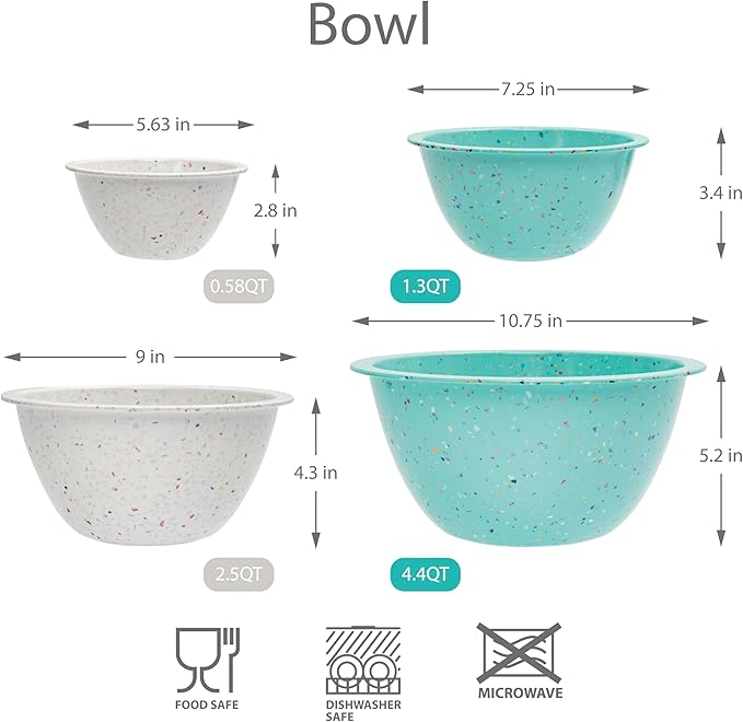Confetti Nesting Mixing Bowls Set - 4-Piece Colorful Kitchen Bowls (18oz, 1.25QT, 2.5QT, 4QT) - BPA-Free, Dishwasher Safe, Space-Saving Design Eggshell Color