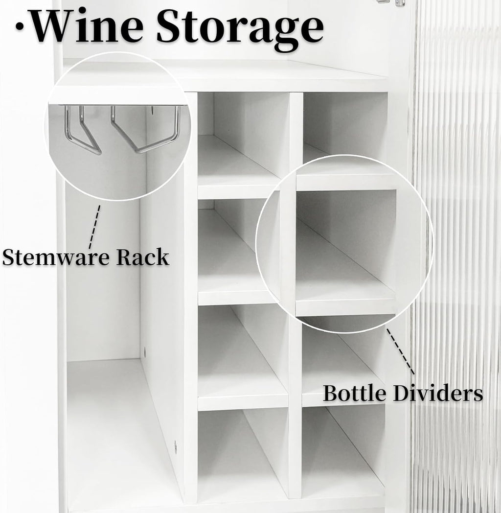 JOYSOURCE Kitchen Hutch Cabinet with 5-Tier Pull-Out Storage Shelves Tall Kitchen Pantry Wine Cabinet Slim Liquor Cabinet with Reeded Glass Door Bottle Dividers & Stemware Rack White