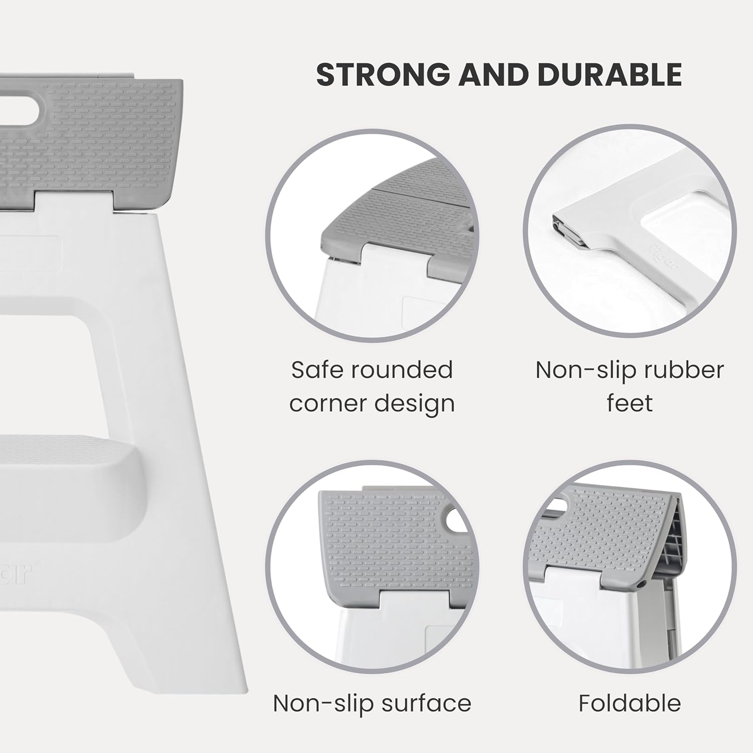 Vigar Compact Folding Step Stool - 16 Inch 2 Step Foldable Step Stool for Adults, Lightweight Portable Stool with Handle, Non Slip Step Stool, Space-Saving Stool up to 330 lb - Gray