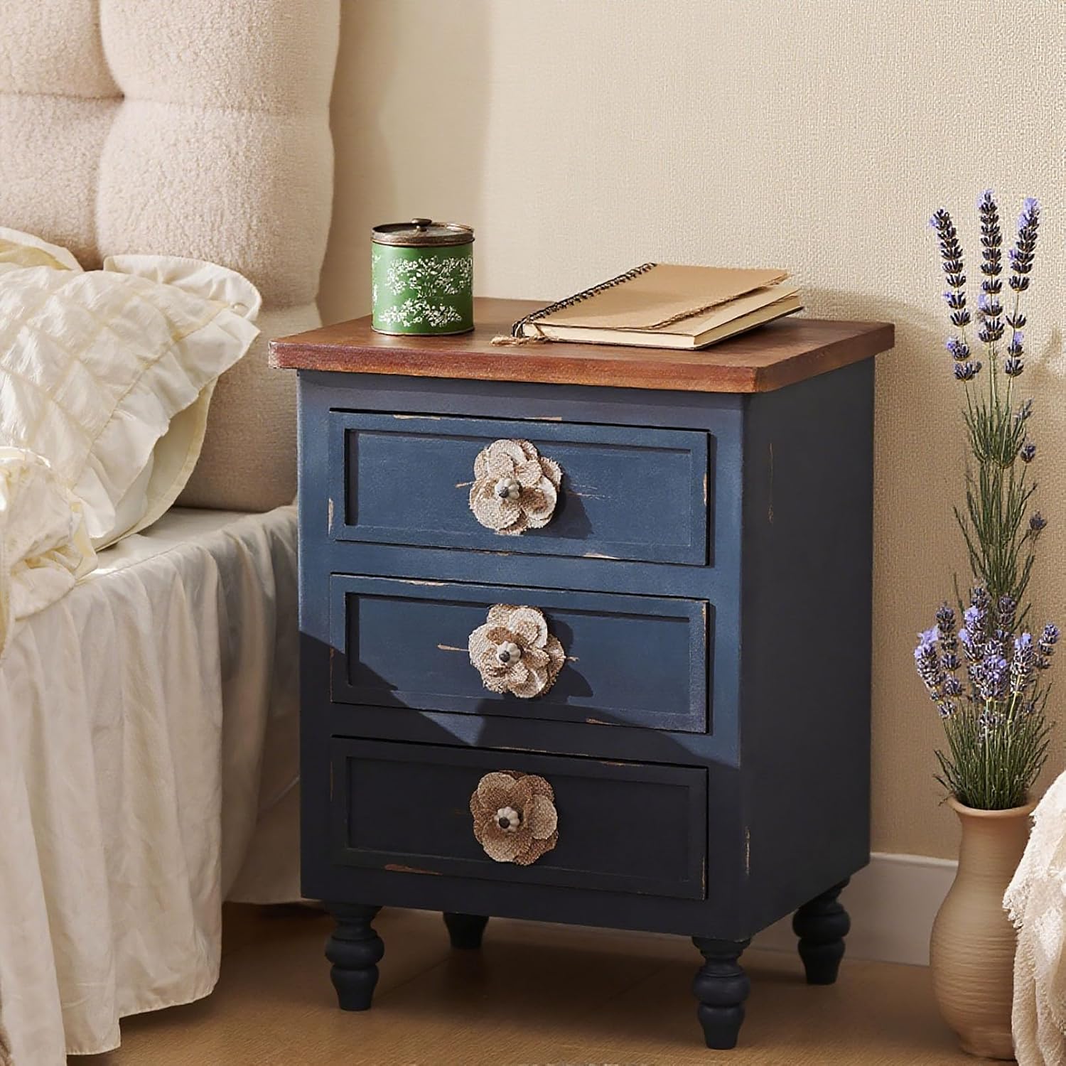 Vintage Farmhouse End Table with Floral Knobs – 19" Rustic Nightstand with 3 Drawers and Gourd Legs,Bedside or Sofa Accent Table, Almost Fully Assembled (Antique Blue)