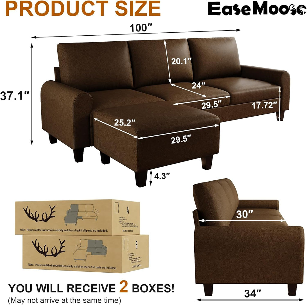 EASE MOOSE 100" Faux Leather L-Shaped Sofa Couch for Living Room, DeepBrown | Movable Ottoman, Removable Cover, Waterproof & Scratch-Resistant, Easy Clean, Easy Assembly, Ideal for Small Spaces