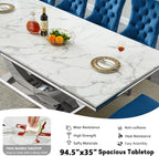 94.5" Large Faux Marble Dining Table Set for 8, Luxury Kitchen Table Set with 8 Chairs, Modern 9-Piece Dining Room Set with White Silver Dinner Table and 8 Black Upholstered Chairs