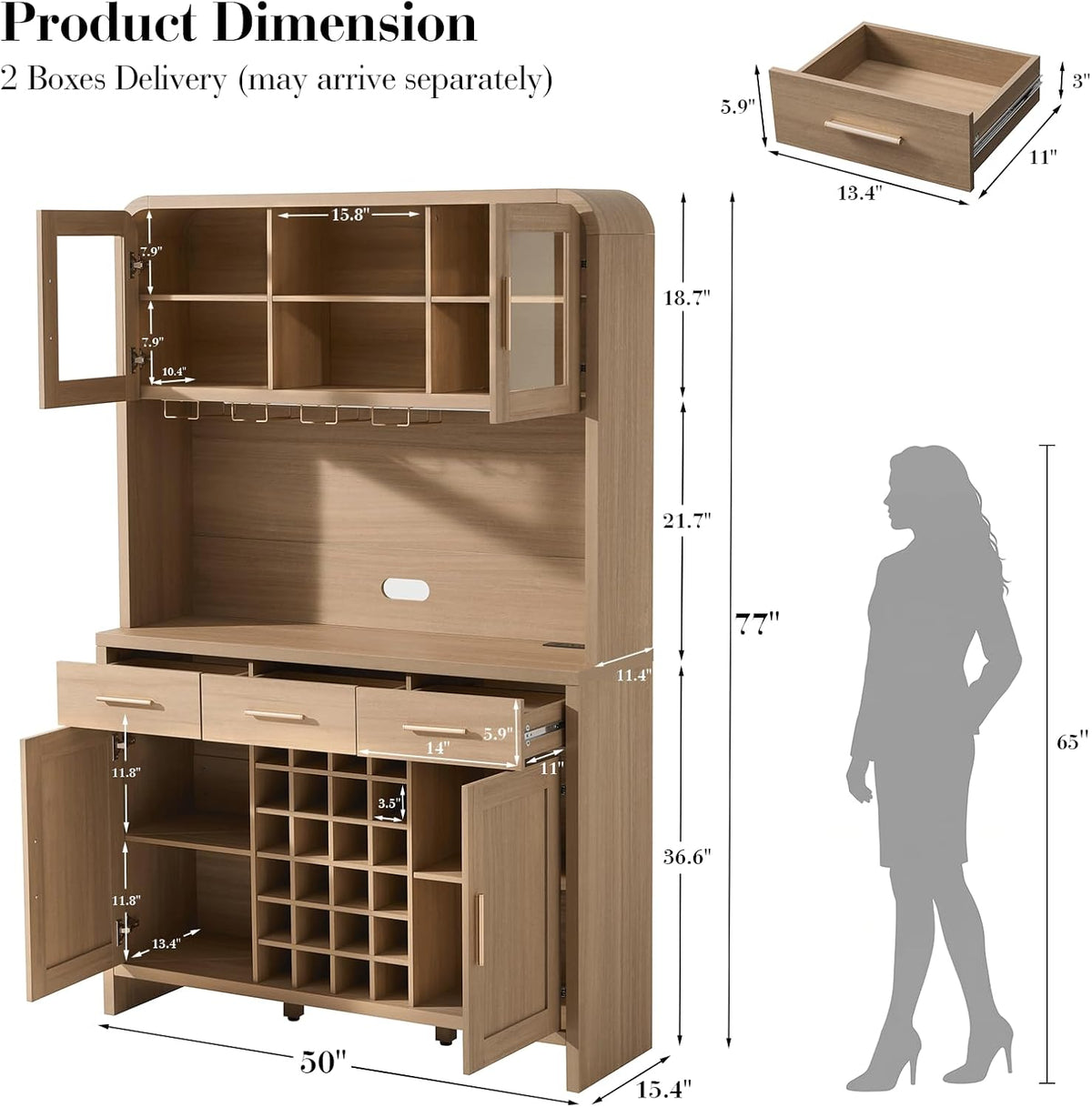 77" Tall Pantry Cabinet & Coffee Bar Cabinet with Storage,Natural Oak | Wine Cabinet for Dining Room Home with LED Lighting & Charging Station, Bar Cabinets for Kitchen,Dining Room, Living Room
