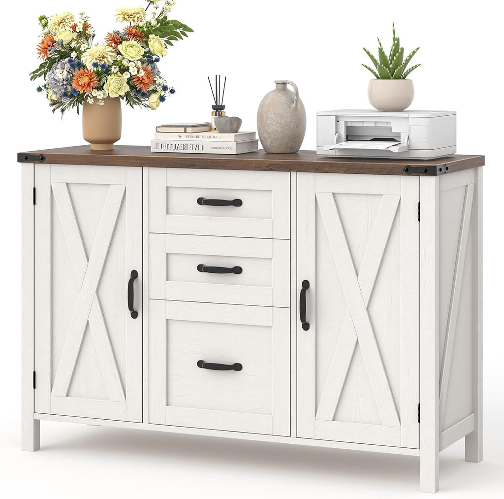 Vabches File Cabinet with 3 Drawers Fits Files Letter/A4 Size, Rustic White | Farmhouse Lateral File Cabinet, Wooden Filing Cabinet with Door and Adjustable Shelves Printer Stand for Home Office