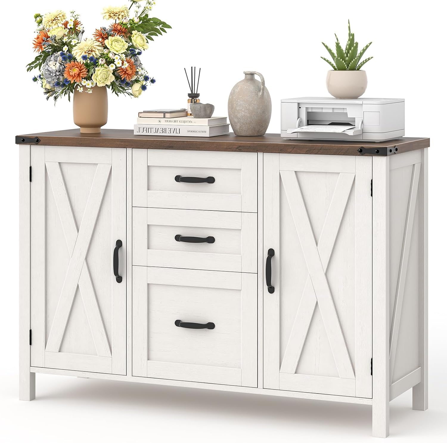 Vabches File Cabinet with 3 Drawers Fits Files Letter/A4 Size, Rustic White | Farmhouse Lateral File Cabinet, Wooden Filing Cabinet with Door and Adjustable Shelves Printer Stand for Home Office
