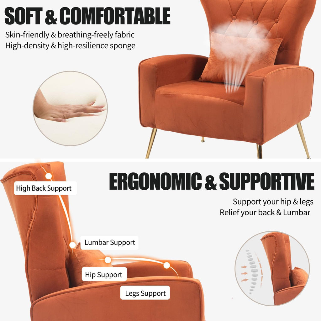 Mid-Century Accent Chairs Set of 2, Wingback Chair with Arm & Gold Legs, Living Room Bedroom Side Chair with Lumbar Pillow, Velvet Upholstered, Button-Tufted, Orange
