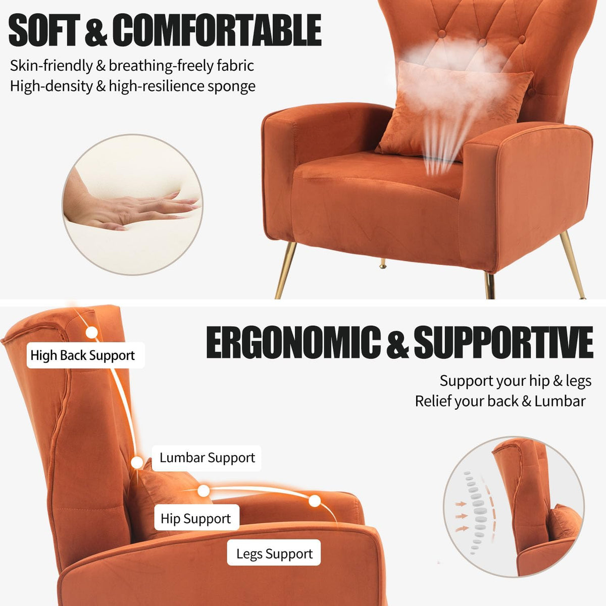 Mid-Century Accent Chairs Set of 2, Wingback Chair with Arm & Gold Legs, Living Room Bedroom Side Chair with Lumbar Pillow, Velvet Upholstered, Button-Tufted, Orange