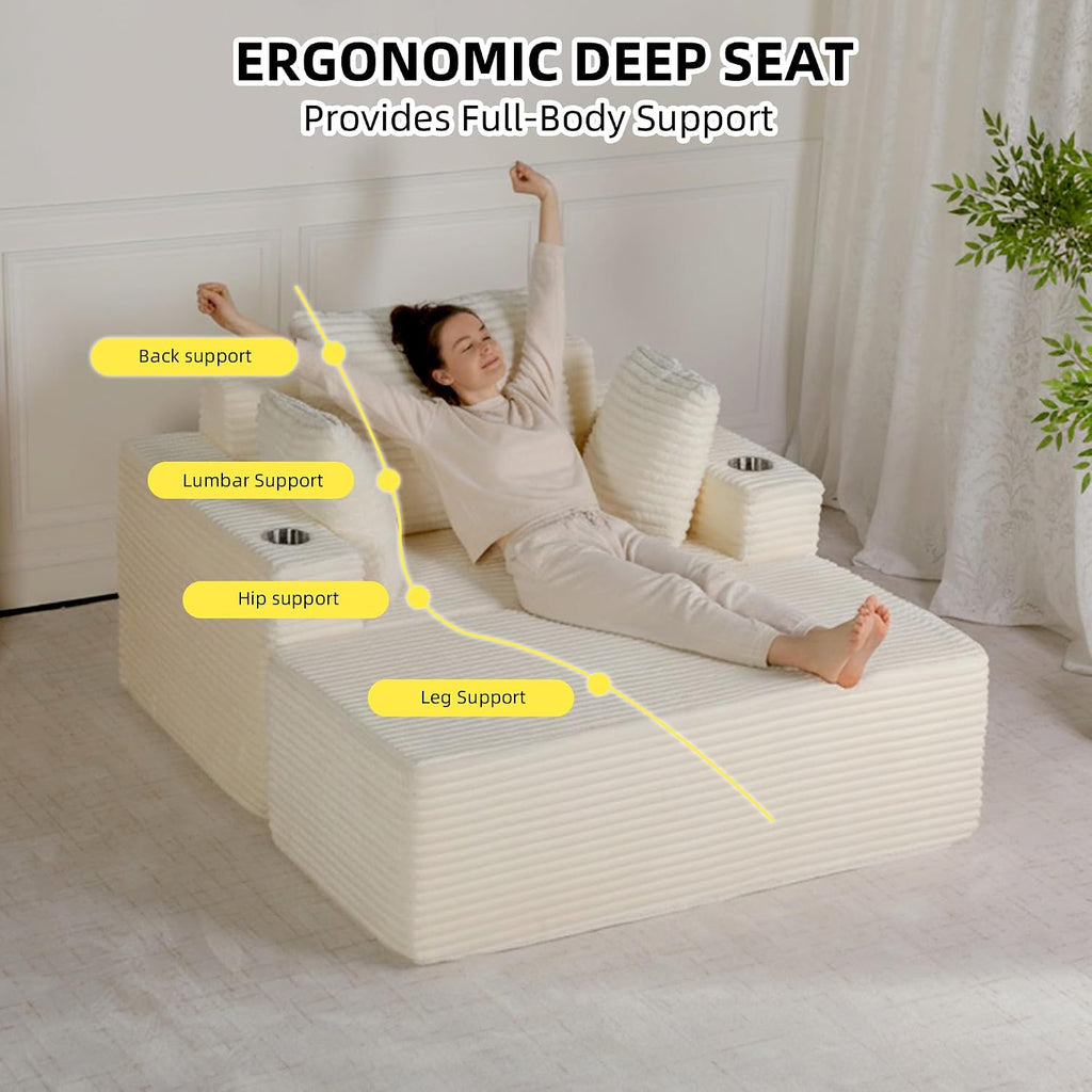 54"W Oversized Chaise Lounge Chair Indoor, Chaise Lounge Couch, Convertible Comfy Reading Chairs, Corduroy Sleeper Chair Couches for Living Room, Compression Sofa with Ottoman, Beige