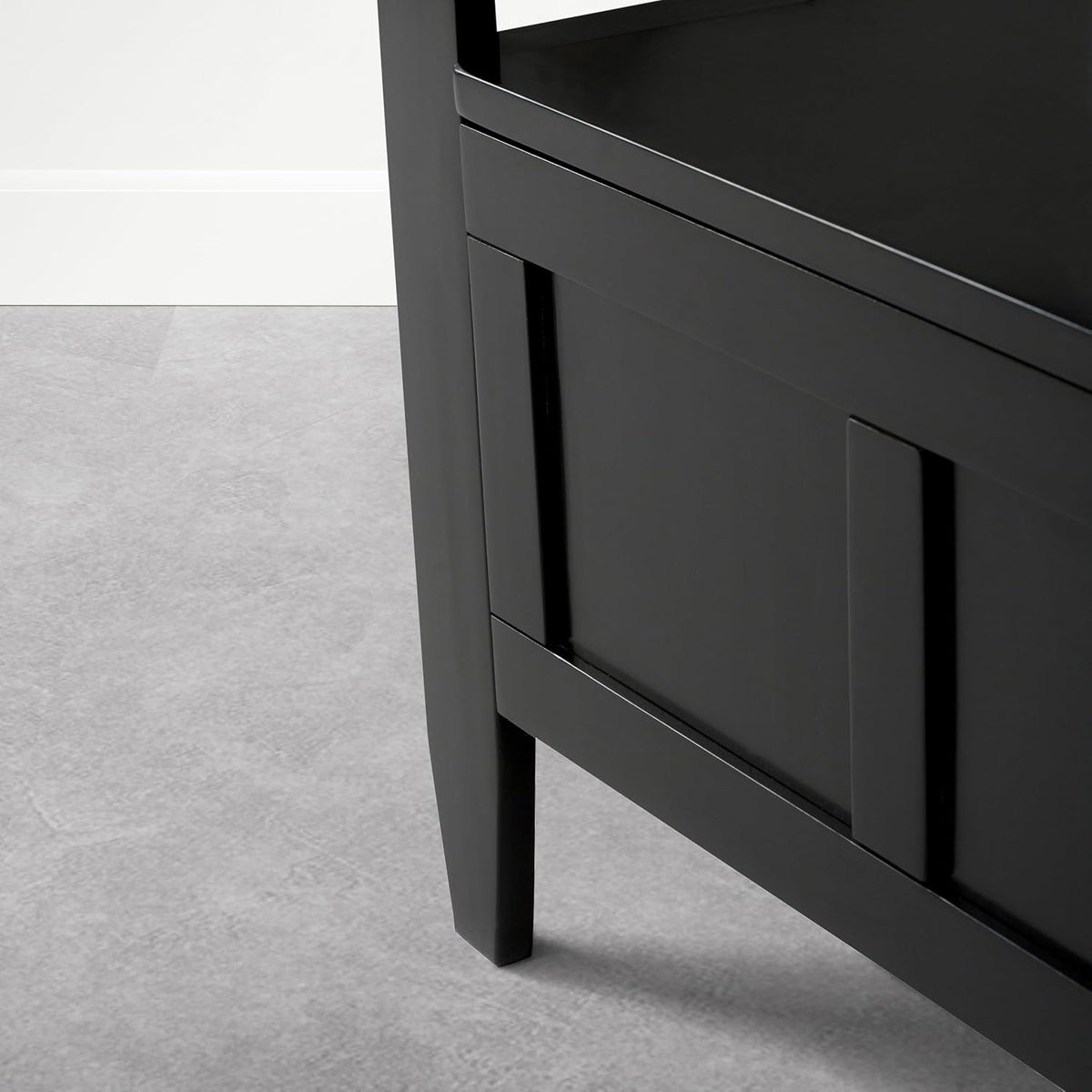 SIMPLIHOME Brooklyn Entryway Storage Bench - 48 inch Wide Solid Wood Storage Seat in Deep Black, Contemporary Bench for Entryway or Living Room with Lift-Up Lid and Slatted Backrest