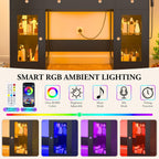 Vanity Desk W/6000-Colors Light&Power Outlet,Makeup Vanity Desk W/LED Mirror and Lights 3 Colors,Transparent GlassTop W/3 RGB Drawers,Hair Tool Holder,2 Large Tempered Cabinets for Bedroom(Black 2)
