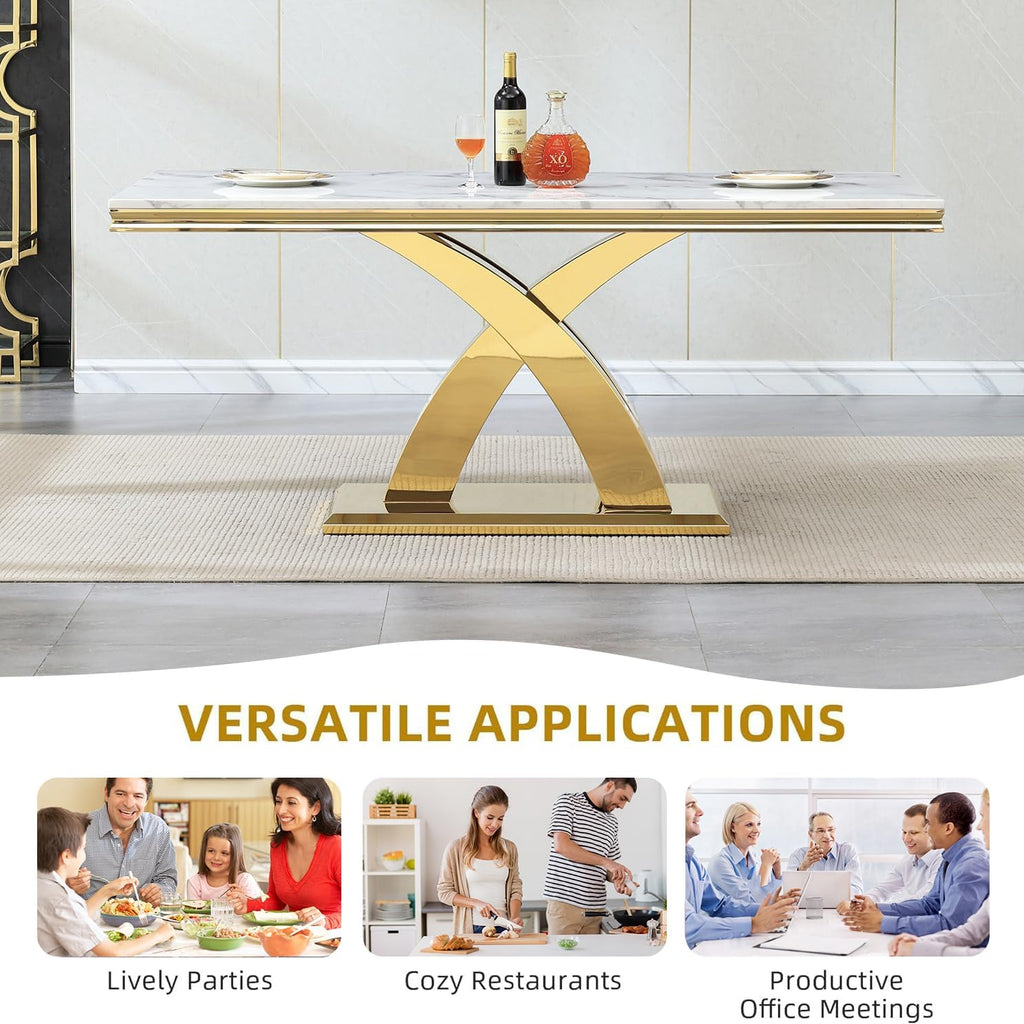 Modern Marble Dining Table for 6-8, 68" Faux Marble Kitchen Table with Gold X-Shape Stainless Steel Base,Luxury Rectangular White Marble Dining Room Table for Home Office Kitchen Dining Room