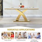 Modern Marble Dining Table for 6-8, 68" Faux Marble Kitchen Table with Gold X-Shape Stainless Steel Base,Luxury Rectangular White Marble Dining Room Table for Home Office Kitchen Dining Room