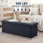 Ornavo Home 43 Inch Folding Extra Large Storage Bench, Linen, Black | Upholstered Tufted Ottoman with Lid; Foot Rest Stool; Ideal for Bedroom, Living Room or Entryway