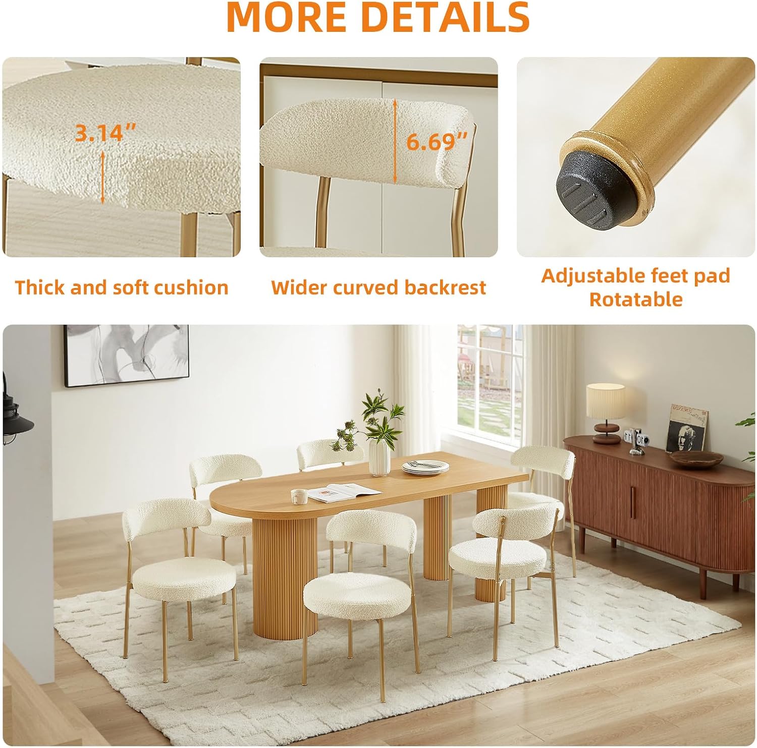 SoarFlash Dining Chairs, Beige Boucle Dining Chairs Set of 6, Kitchen Dining Room Chairs Curved Backrest Upholstered Mid Century Chair with Golden Metal Legs