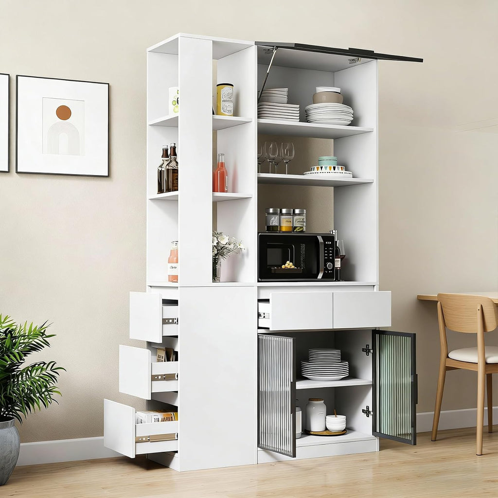 71 Inch Wood Pantry Cabinet with Glass Doors, 39 Inch Wide Freestanding Kitchen Storage Cabinet for Microwave and Coffee Bar, Modern Sturdy Tall Pantry Cabinet with Shelves & 5 Drawers, (White)