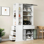 71 Inch Wood Pantry Cabinet with Glass Doors, 39 Inch Wide Freestanding Kitchen Storage Cabinet for Microwave and Coffee Bar, Modern Sturdy Tall Pantry Cabinet with Shelves & 5 Drawers, (White)