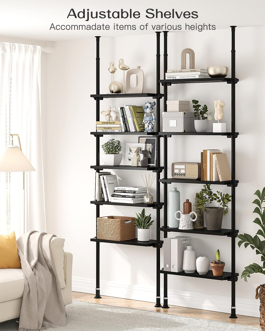 ALLZONE Adjustable Tall Narrow Bookshelf, 5-Tier Floor-to-Ceiling Tension Mount Ladder Book Shelf with Storage for Versatile Uses, Fits 92-116 Inch Ceilings, 27.84-Inch Wide Wood Shelves, Black Relief