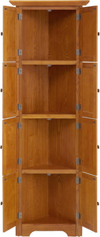 Corner Pantry Cabinet 4-Tier Oak MDF 72H 8 Doors | MDF construction, oak finish, corner pantry cabinet, 8 doors, 4 shelves, 24.4W x 12.2D x 72H