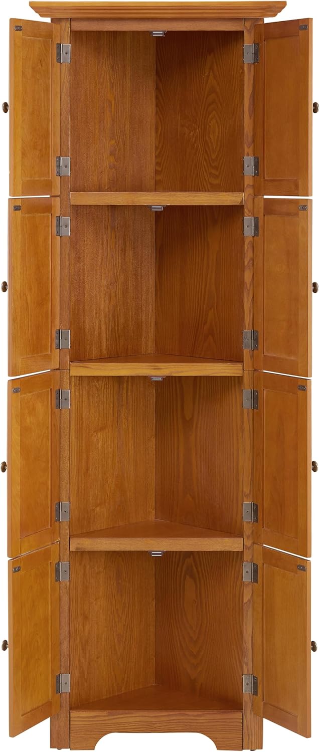 Corner Pantry Cabinet 4-Tier Oak MDF 72H 8 Doors | MDF construction, oak finish, corner pantry cabinet, 8 doors, 4 shelves, 24.4W x 12.2D x 72H