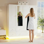 VOWNER Wardrobe Closet with 4 Doors Bedroom Armoire with Mirror & 6 Drawers