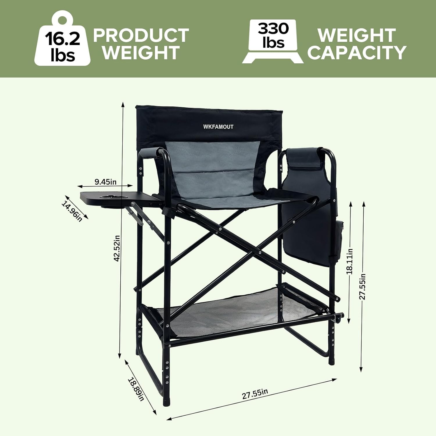 27" Tall Camping Director Chair Oversized with Side Table, Heavy Duty Folding Lawn Chair Outdoor for Makeup Artist, Sports Event, Supports 330LBS