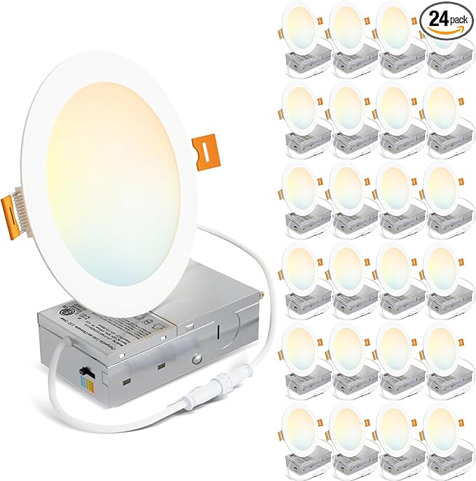 LVWIT 24 Pack 6 Inch LED Recessed Lighting with Junction Box, 5CCT Dimmable LED Downlight,13W Ultra-Thin Modern Ceiling Light, 2700/3000/3500/4000/5000K Selectable Can Lights, Smooth Trim